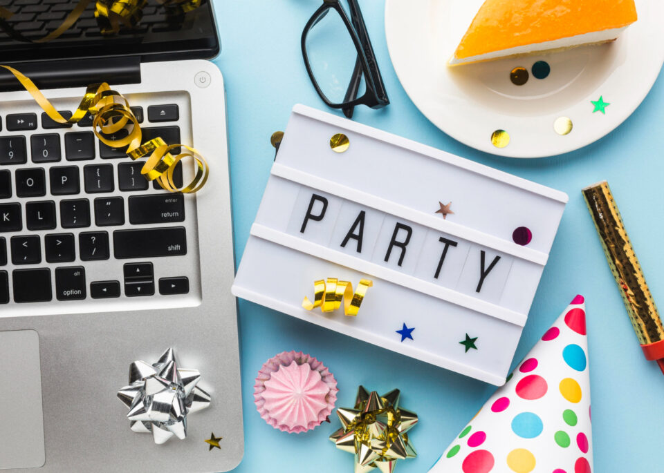 Party sign with laptop