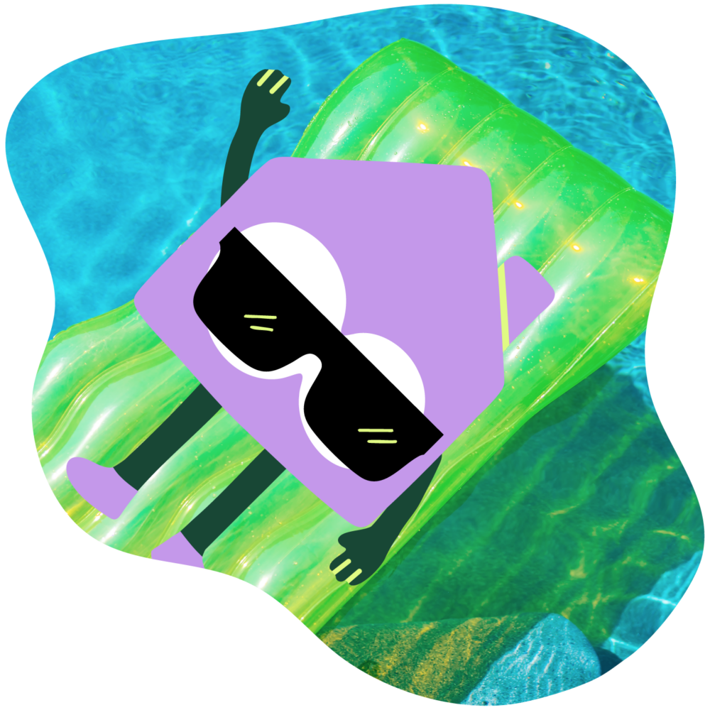 Purple house with sunglasses lounging in pool