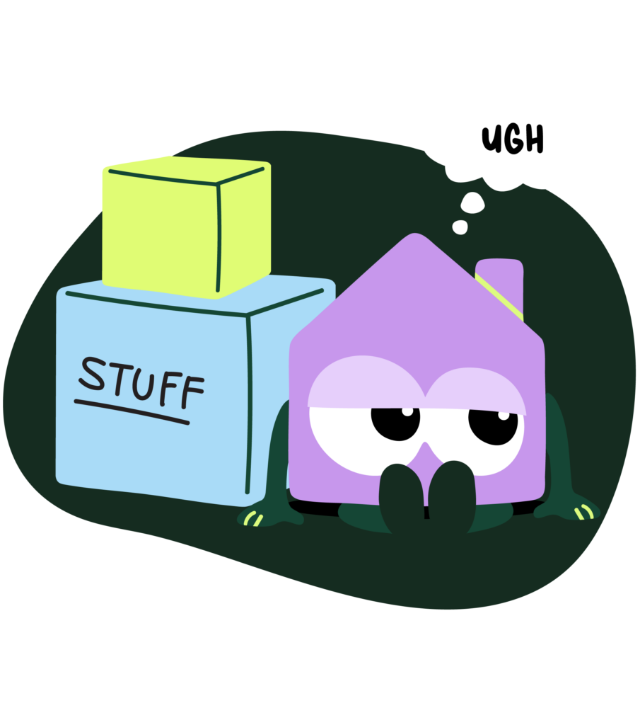 house character annoyed sitting next to moving boxes